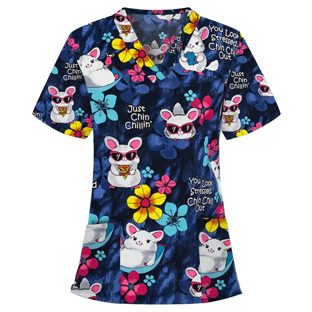 Medical Scrubs for Women Cute Animal Cartoon Print Vet Surgical Uniform Tops Fashion V-Neck Short Sleeve Scrub Pet Medical Woman