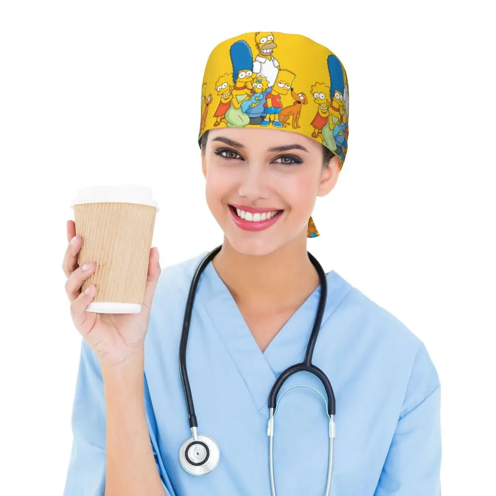 Custom The Simpsons Cartoon Medical Staff Scrubs Hat Men Women Doctor Nursing Surgical Cap Scrub Caps