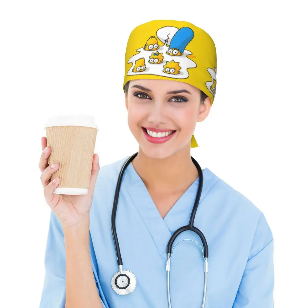 Custom The Simpsons Cartoon Medical Staff Scrubs Hat Men Women Doctor Nursing Surgical Cap Scrub Caps