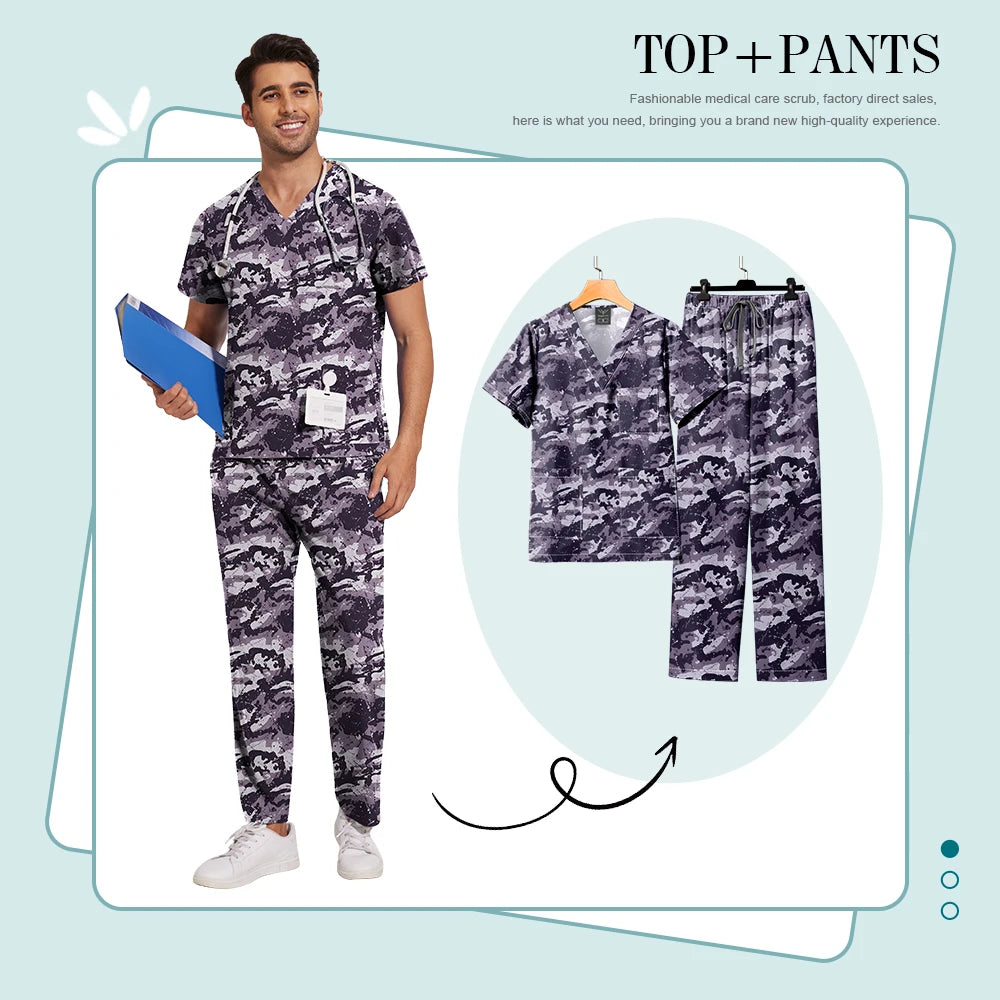 Printed Medical Clinic Printed Scrub Top Pants Medical Professional Universal Unisex Scrubs Sets Elastic Breathable Work Clothes