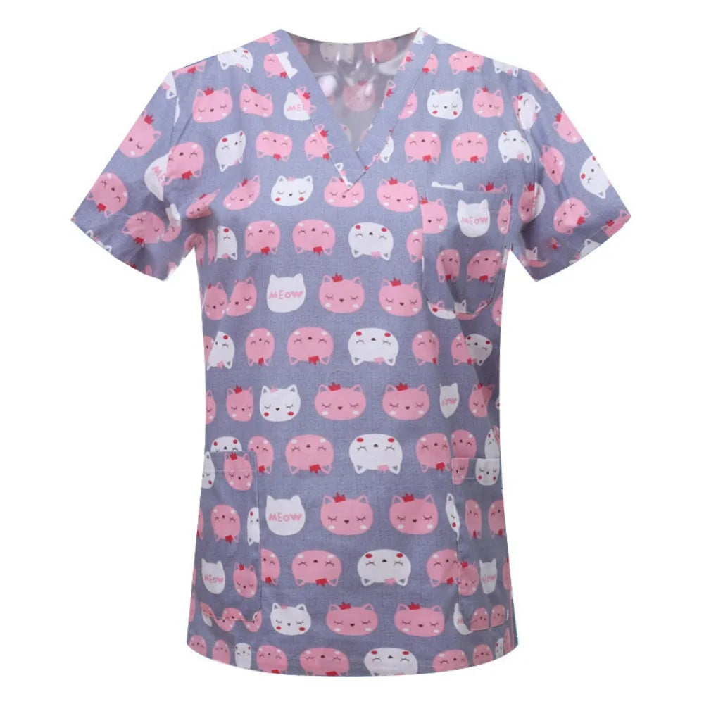 Cartoon Animals Print Pet Clinic Hospital Nursing Scrub Tops Shirts cotton Dentistry Doctor Blouse Medical Surgical Uniforms