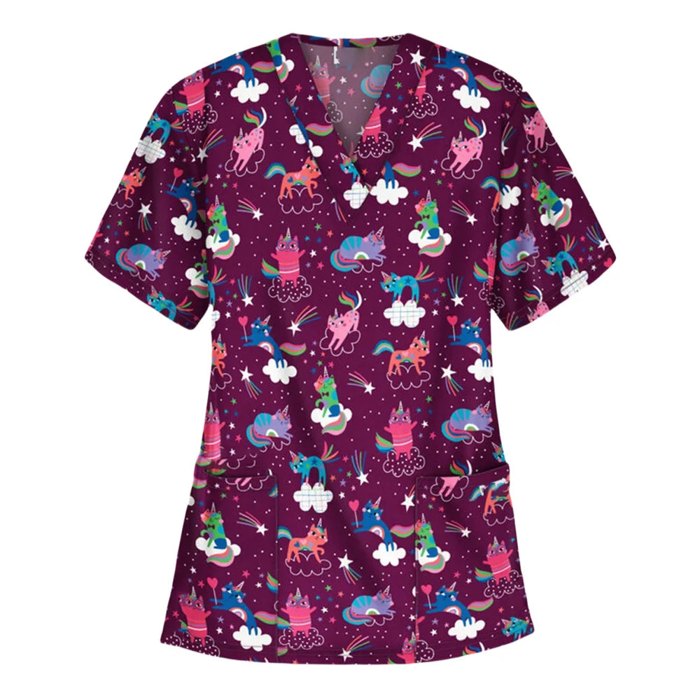 Medical Scrubs for Women Cute Animal Cartoon Print Vet Surgical Uniform Tops Fashion V-Neck Short Sleeve Scrub Pet Medical Woman