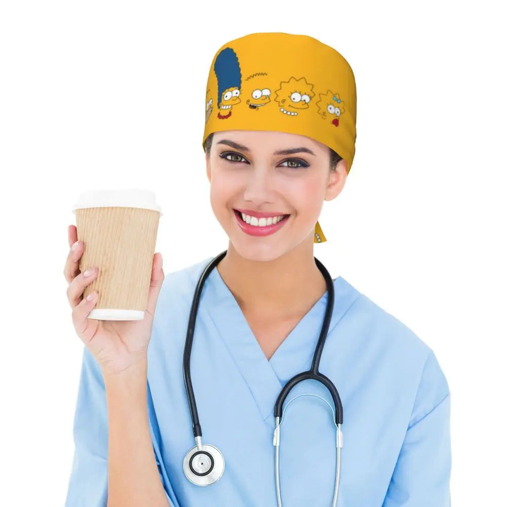 Custom The Simpsons Cartoon Medical Staff Scrubs Hat Men Women Doctor Nursing Surgical Cap Scrub Caps