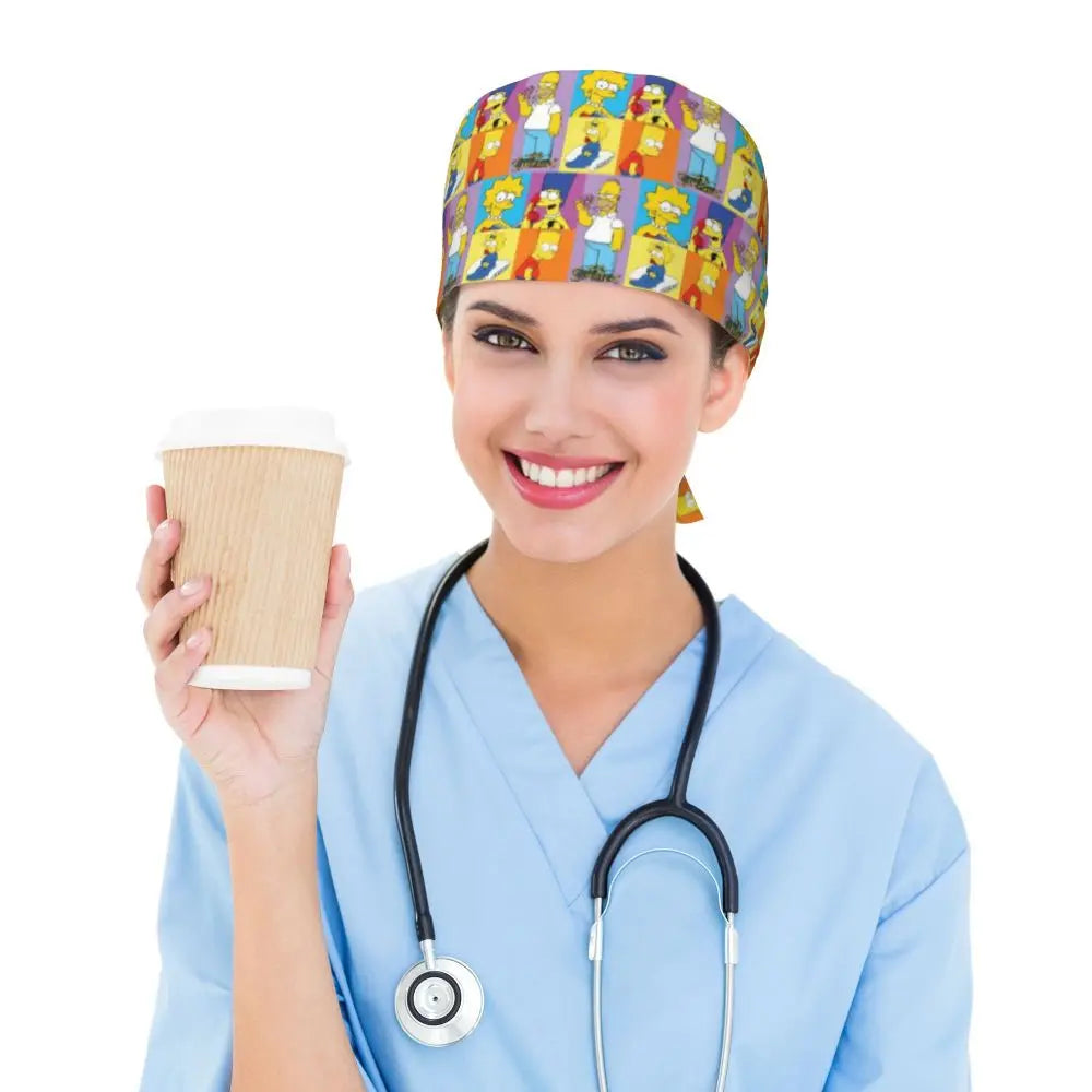 Custom The Simpsons Cartoon Medical Staff Scrubs Hat Men Women Doctor Nursing Surgical Cap Scrub Caps