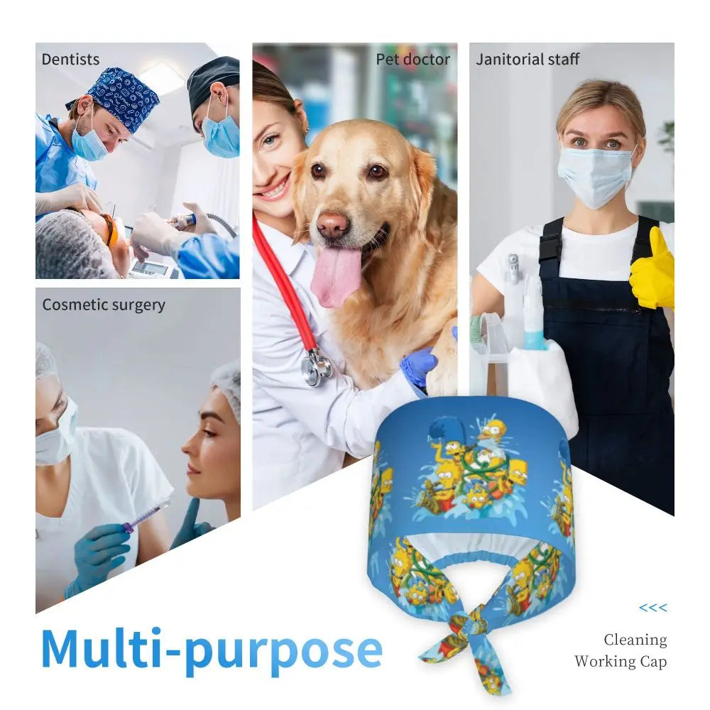Custom The Simpsons Cartoon Medical Staff Scrubs Hat Men Women Doctor Nursing Surgical Cap Scrub Caps