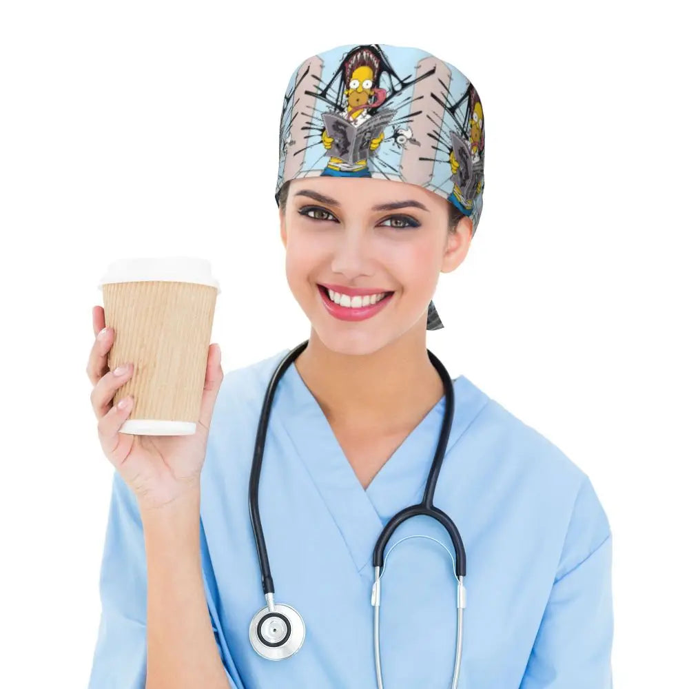 Custom The Simpsons Cartoon Medical Staff Scrubs Hat Men Women Doctor Nursing Surgical Cap Scrub Caps