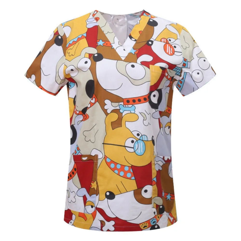 Cartoon Animals Print Pet Clinic Hospital Nursing Scrub Tops Shirts cotton Dentistry Doctor Blouse Medical Surgical Uniforms