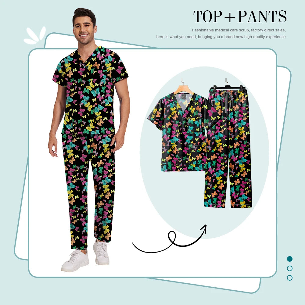 Printed Medical Clinic Printed Scrub Top Pants Medical Professional Universal Unisex Scrubs Sets Elastic Breathable Work Clothes