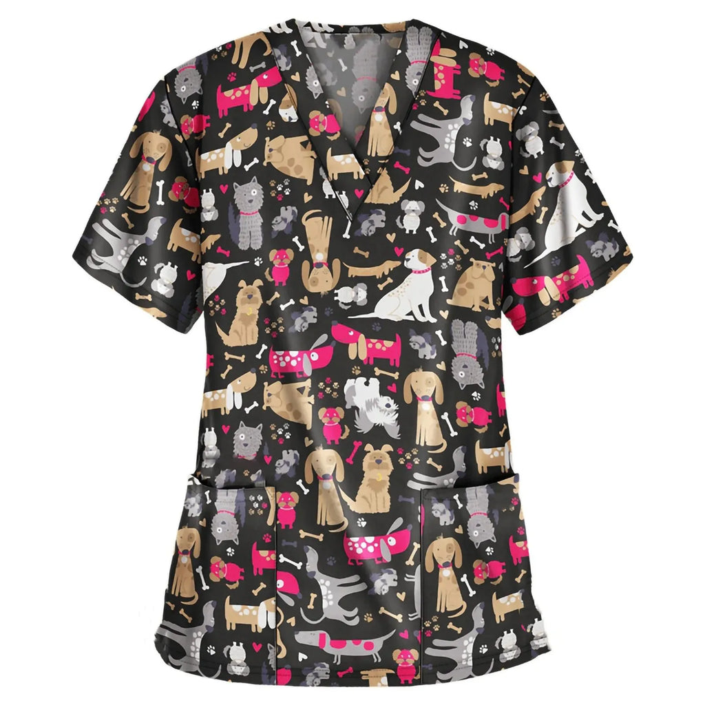 Medical Scrubs for Women Cute Animal Cartoon Print Vet Surgical Uniform Tops Fashion V-Neck Short Sleeve Scrub Pet Medical Woman