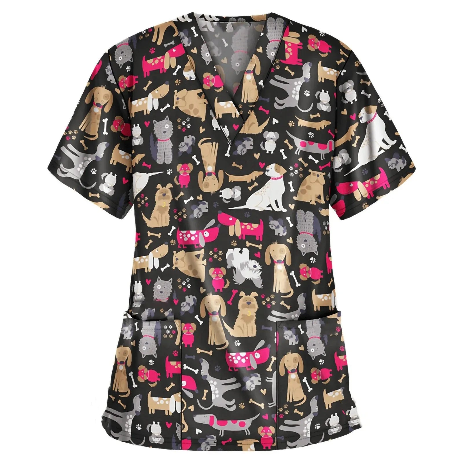 Medical Scrubs for Women Cute Animal Cartoon Print Vet Surgical Uniform Tops Fashion V-Neck Short Sleeve Scrub Pet Medical Woman