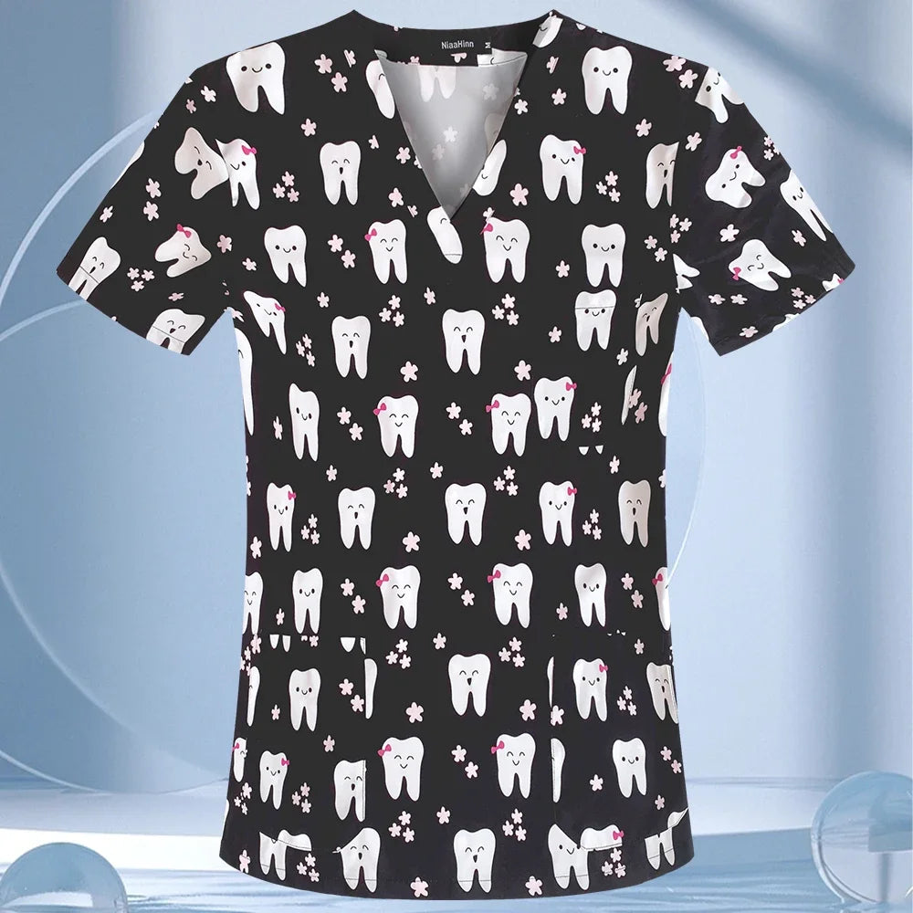 Medical Scrubs Tops Women Short Sleeve Blosue Spa Scrub Shirt Teeth Print Pocket Workwear Dentist Doctor Nurse Christmas Uniform