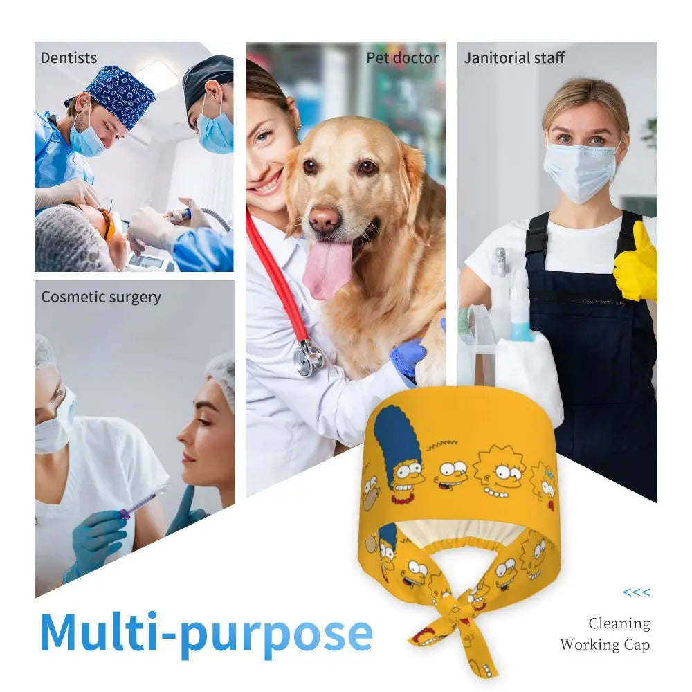 Custom The Simpsons Cartoon Medical Staff Scrubs Hat Men Women Doctor Nursing Surgical Cap Scrub Caps