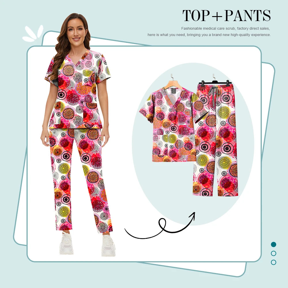 Printed Medical Clinic Printed Scrub Top Pants Medical Professional Universal Unisex Scrubs Sets Elastic Breathable Work Clothes