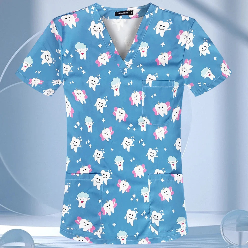Medical Scrubs Tops Women Short Sleeve Blosue Spa Scrub Shirt Teeth Print Pocket Workwear Dentist Doctor Nurse Christmas Uniform
