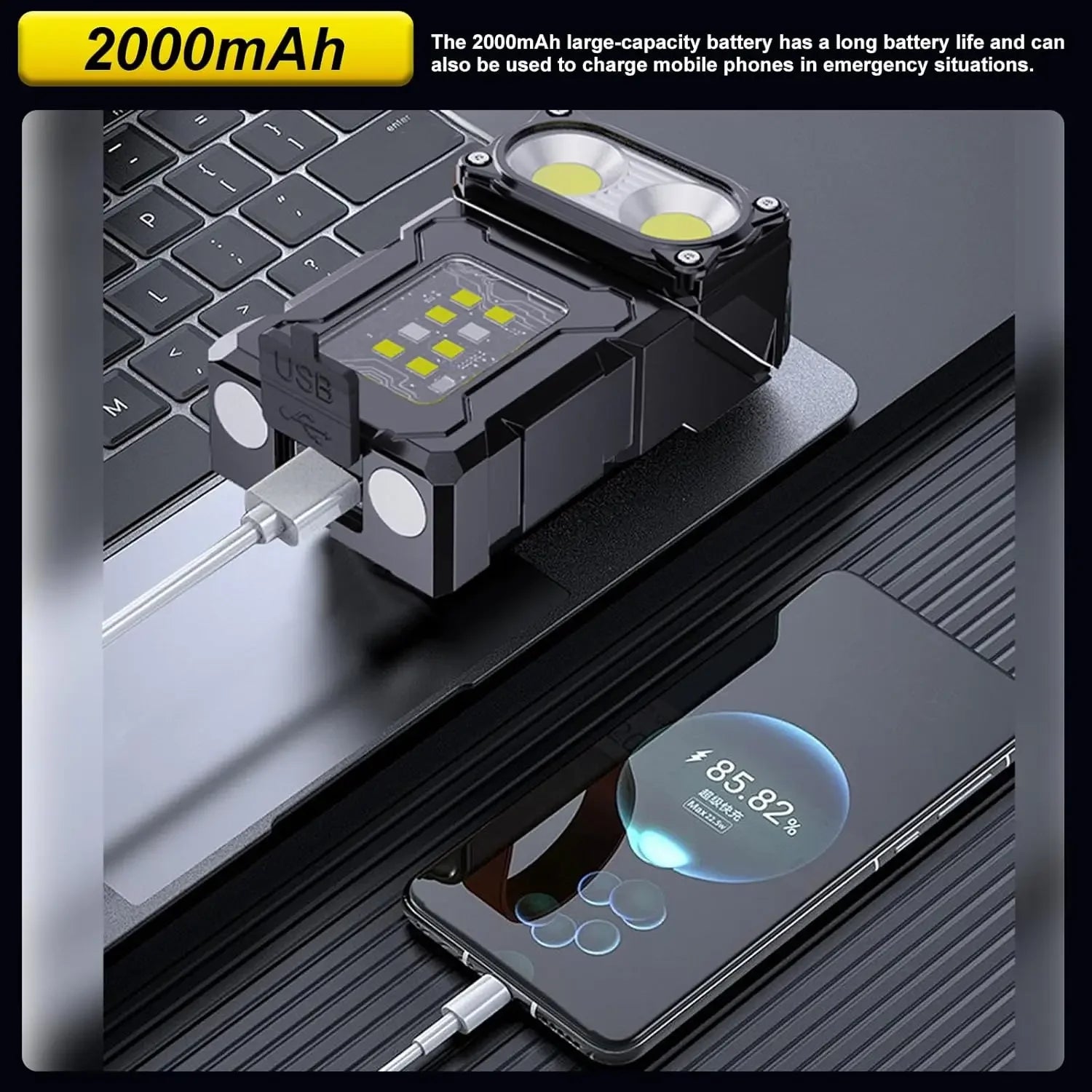 Mini  EDC Tactical Flashlight Charging Warning Flash Lights Emergency Power Bank for Working Running Camping Fishing Hiking