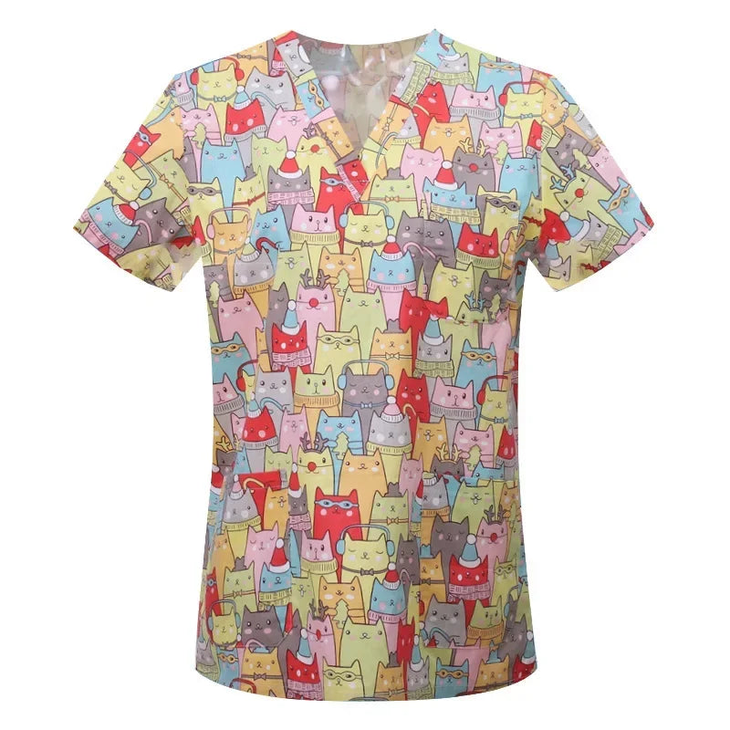 Cartoon Animals Print Pet Clinic Hospital Nursing Scrub Tops Shirts cotton Dentistry Doctor Blouse Medical Surgical Uniforms