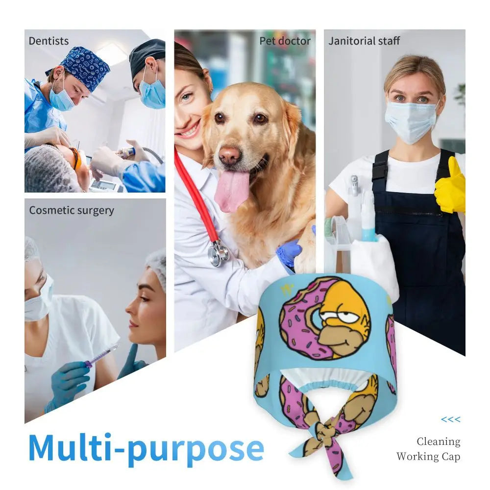 Custom The Simpsons Cartoon Medical Staff Scrubs Hat Men Women Doctor Nursing Surgical Cap Scrub Caps