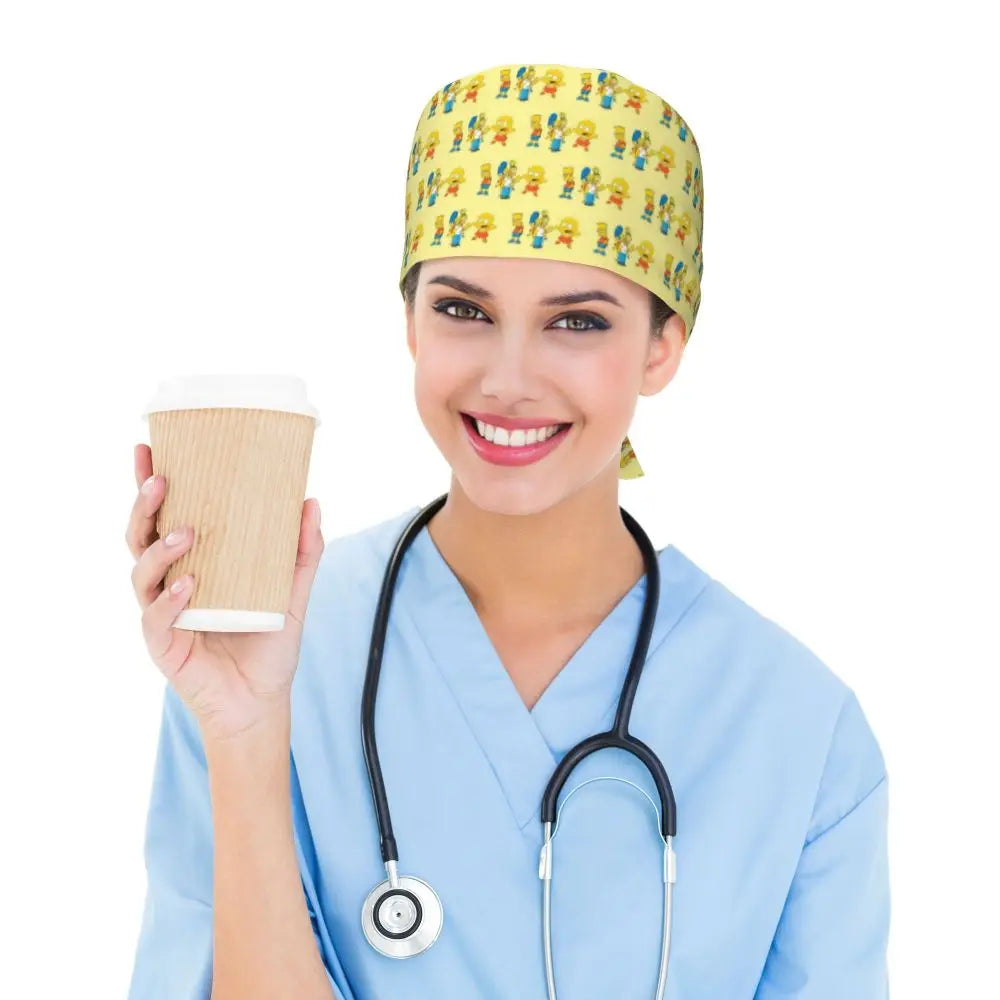 Custom The Simpsons Cartoon Medical Staff Scrubs Hat Men Women Doctor Nursing Surgical Cap Scrub Caps