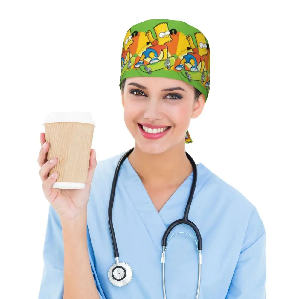 Custom The Simpsons Cartoon Medical Staff Scrubs Hat Men Women Doctor Nursing Surgical Cap Scrub Caps
