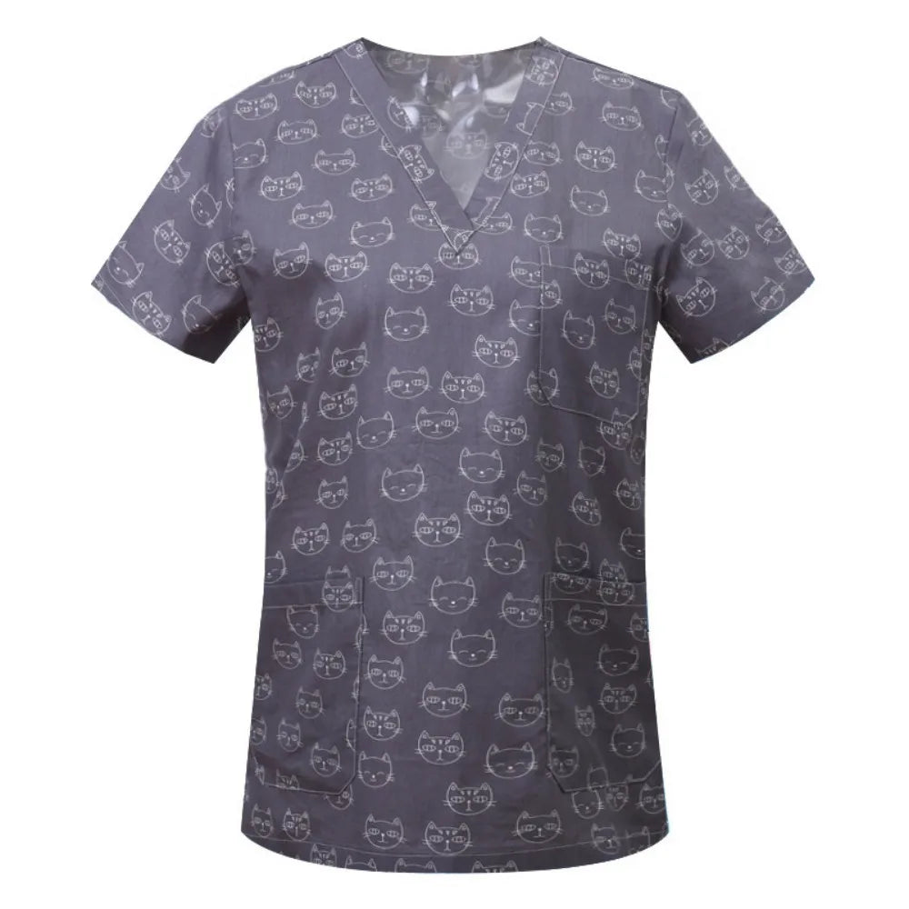 Cartoon Animals Print Pet Clinic Hospital Nursing Scrub Tops Shirts cotton Dentistry Doctor Blouse Medical Surgical Uniforms