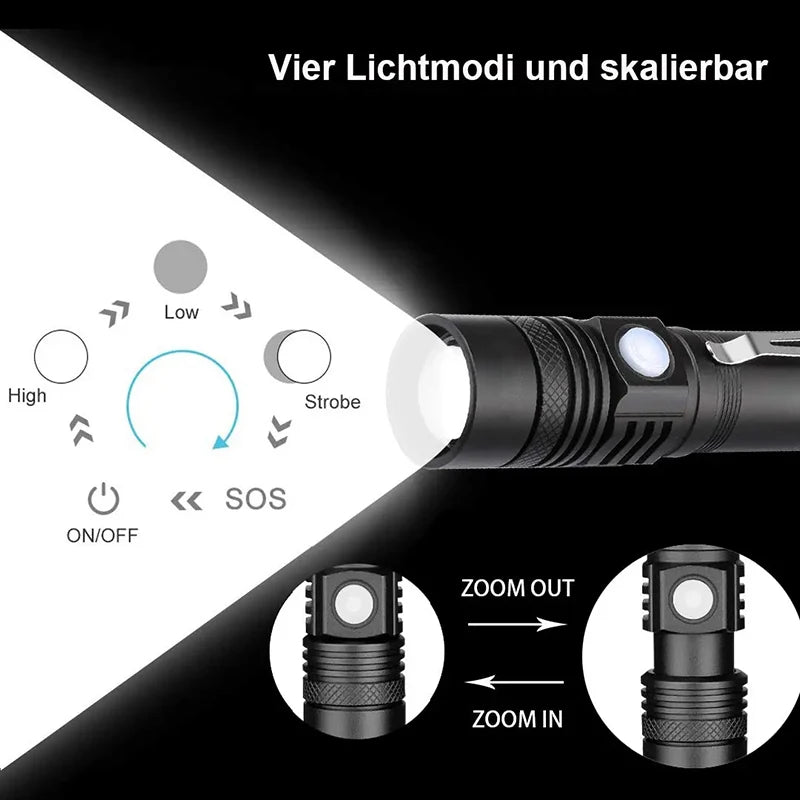 Powerful LED Flashlight Aluminum Alloy Portable Torch USB ReChargeable Outdoor Tactical Zoom Camping Waterproof Flash Light