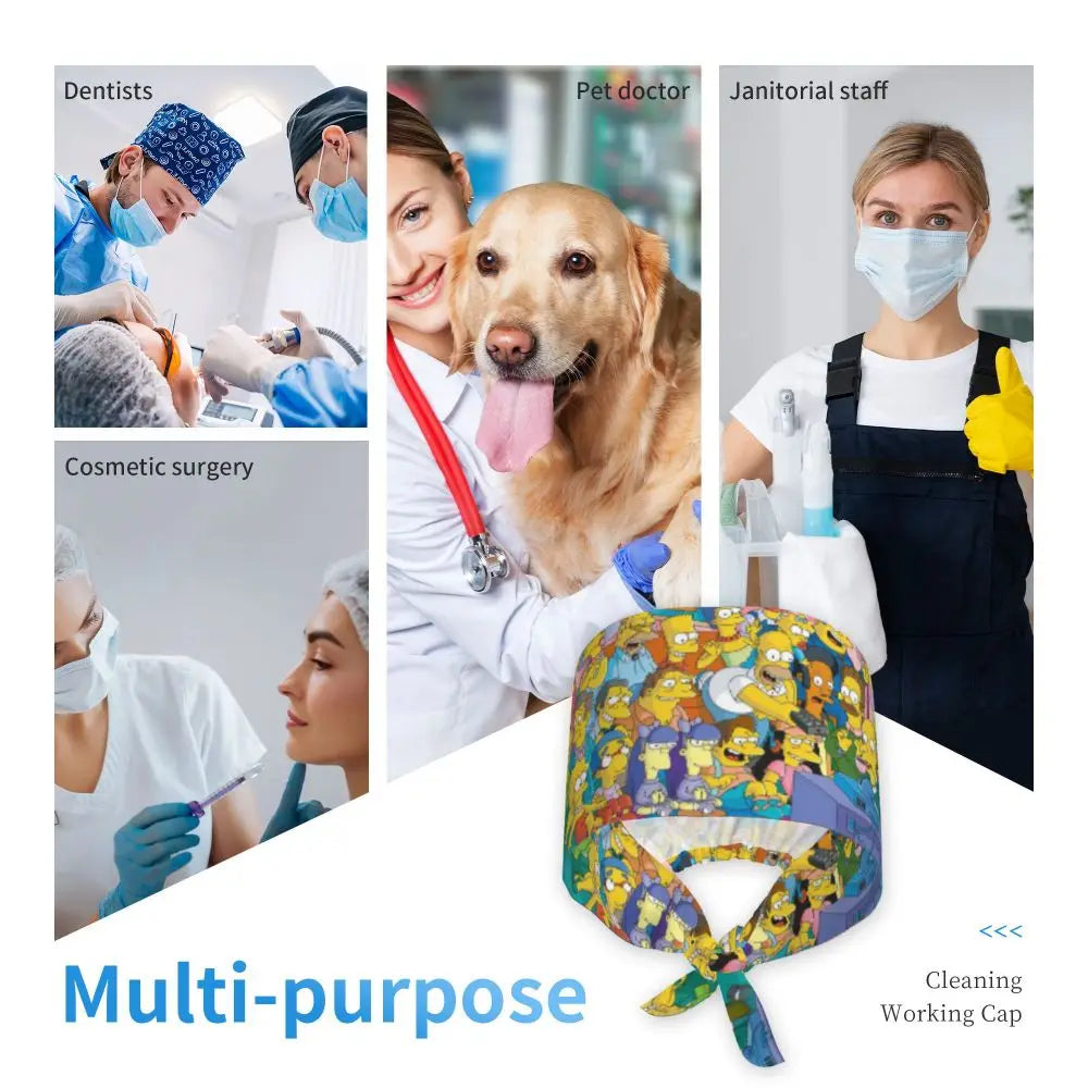Custom The Simpsons Cartoon Medical Staff Scrubs Hat Men Women Doctor Nursing Surgical Cap Scrub Caps