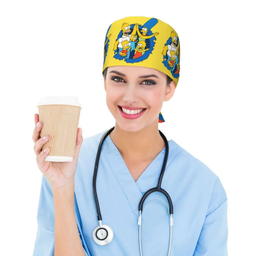 Custom The Simpsons Cartoon Medical Staff Scrubs Hat Men Women Doctor Nursing Surgical Cap Scrub Caps