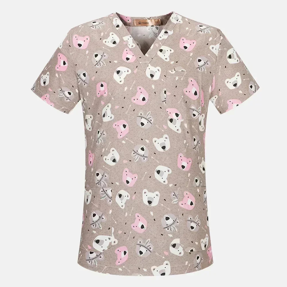 Cartoon Animals Print Pet Clinic Hospital Nursing Scrub Tops Shirts cotton Dentistry Doctor Blouse Medical Surgical Uniforms