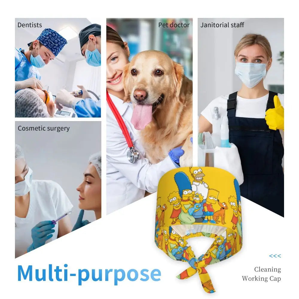 Custom The Simpsons Cartoon Medical Staff Scrubs Hat Men Women Doctor Nursing Surgical Cap Scrub Caps