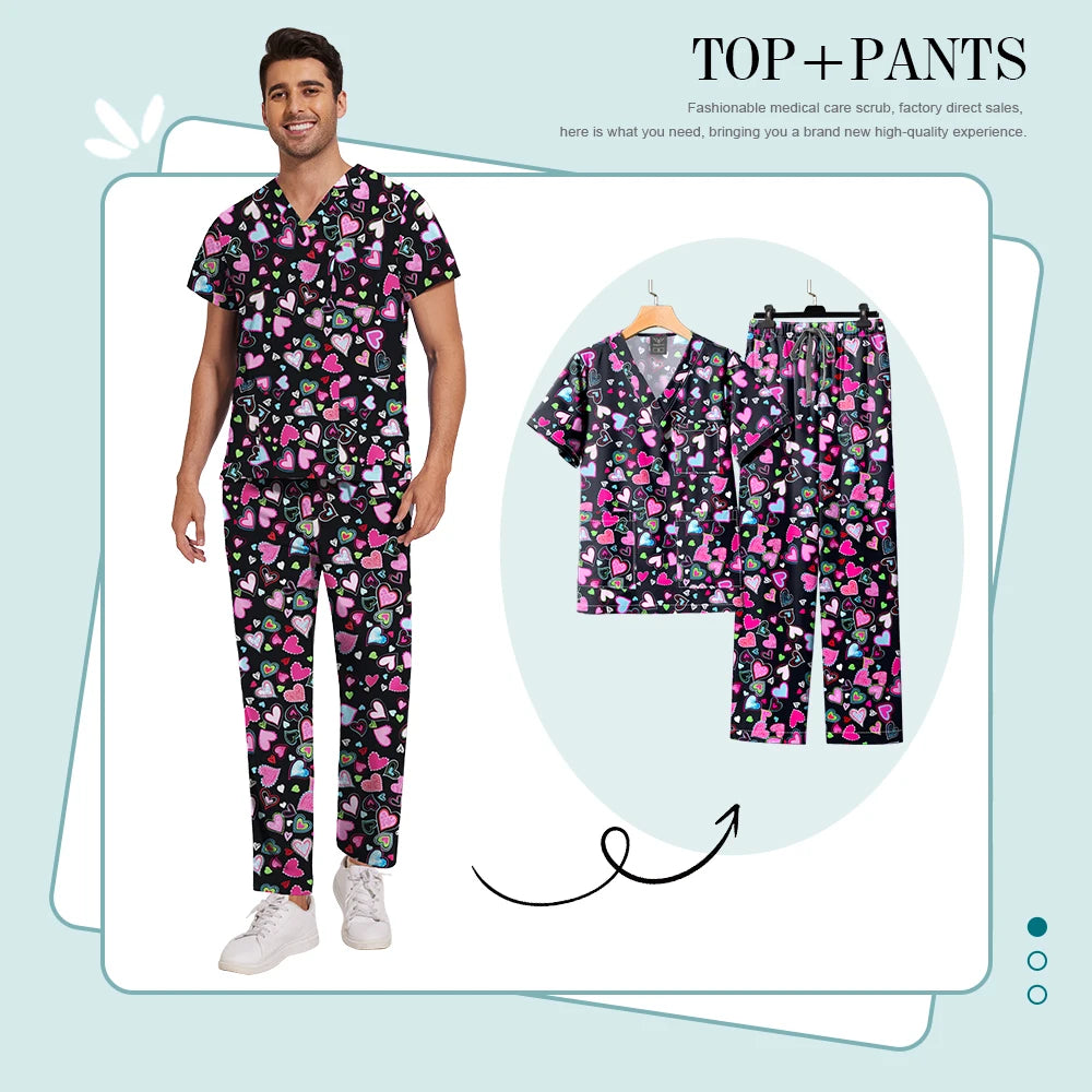 Printed Medical Clinic Printed Scrub Top Pants Medical Professional Universal Unisex Scrubs Sets Elastic Breathable Work Clothes