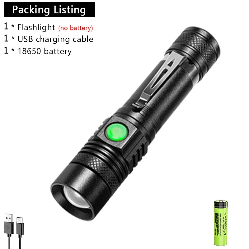 Powerful LED Flashlight Aluminum Alloy Portable Torch USB ReChargeable Outdoor Tactical Zoom Camping Waterproof Flash Light