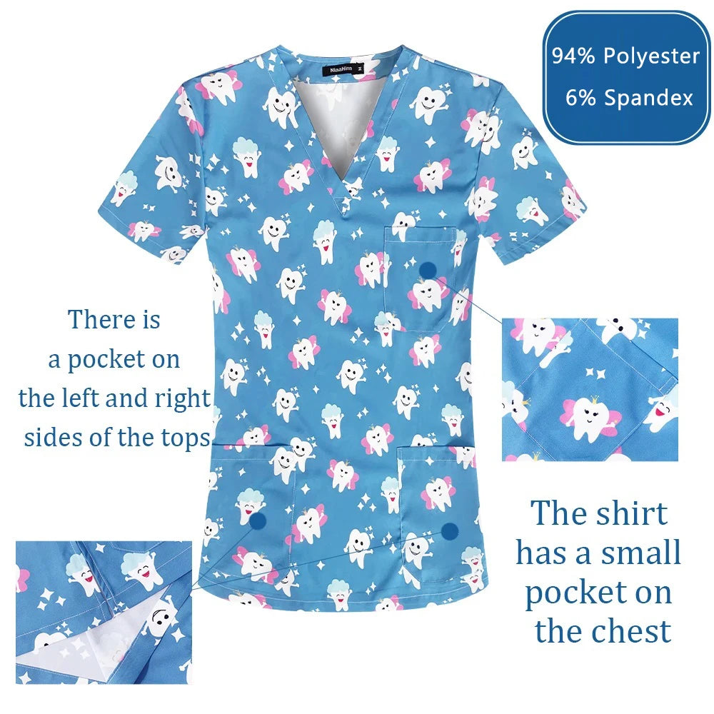 Medical Scrubs Tops Women Short Sleeve Blosue Spa Scrub Shirt Teeth Print Pocket Workwear Dentist Doctor Nurse Christmas Uniform