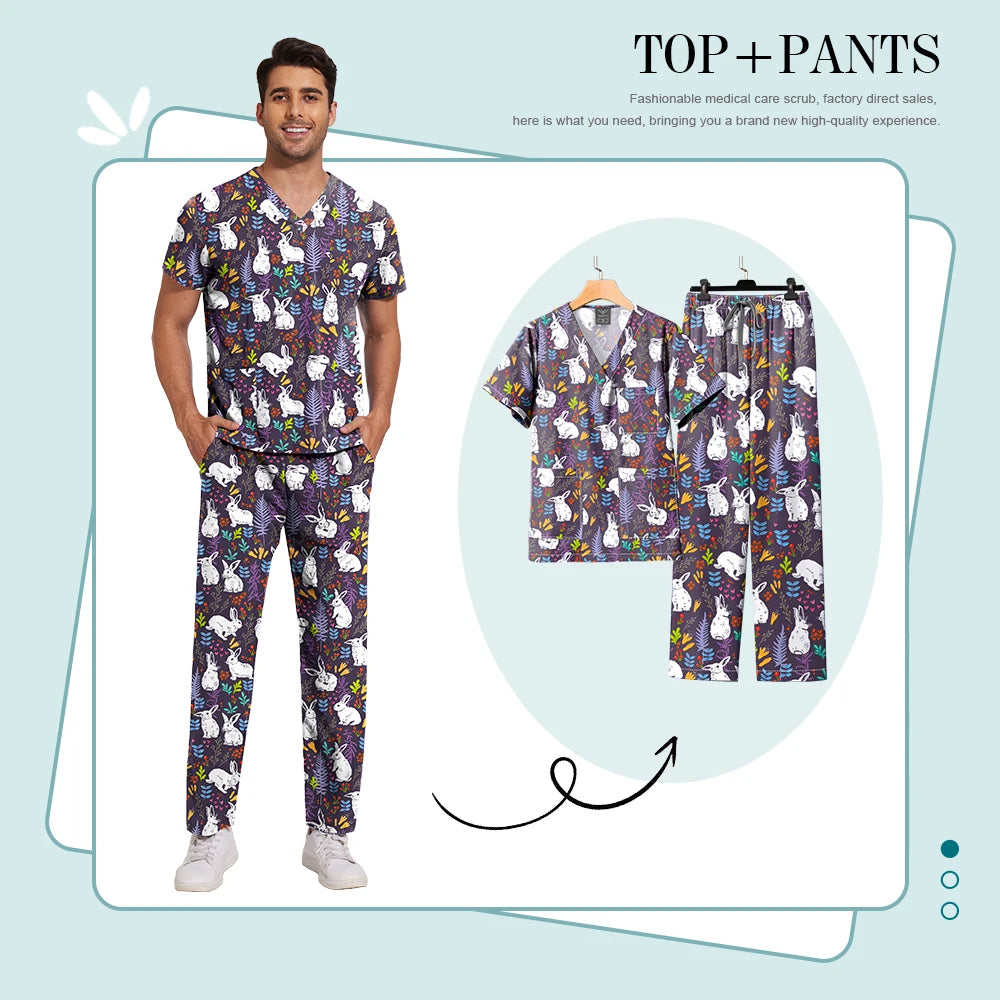 Printed Medical Clinic Printed Scrub Top Pants Medical Professional Universal Unisex Scrubs Sets Elastic Breathable Work Clothes