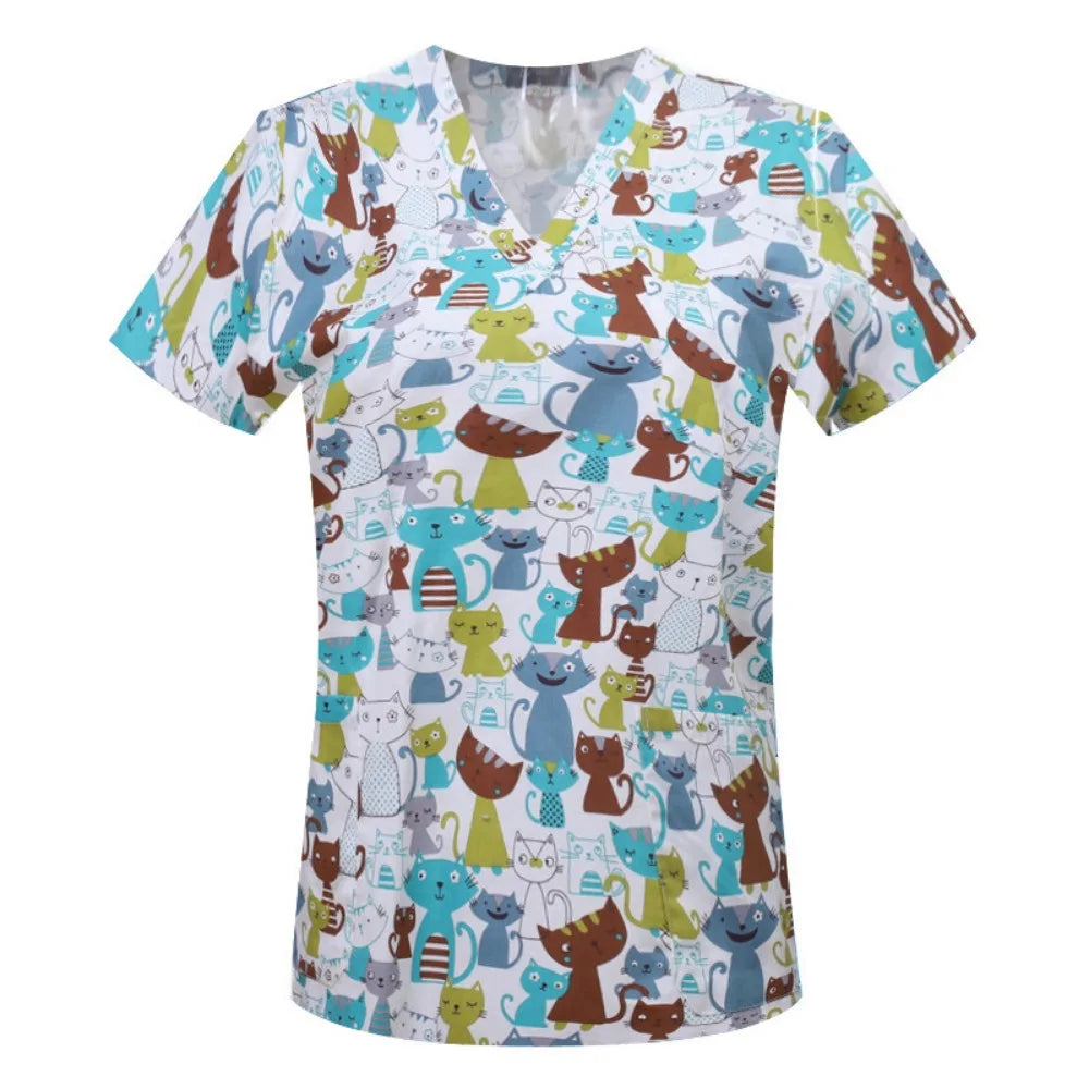 Cartoon Animals Print Pet Clinic Hospital Nursing Scrub Tops Shirts cotton Dentistry Doctor Blouse Medical Surgical Uniforms