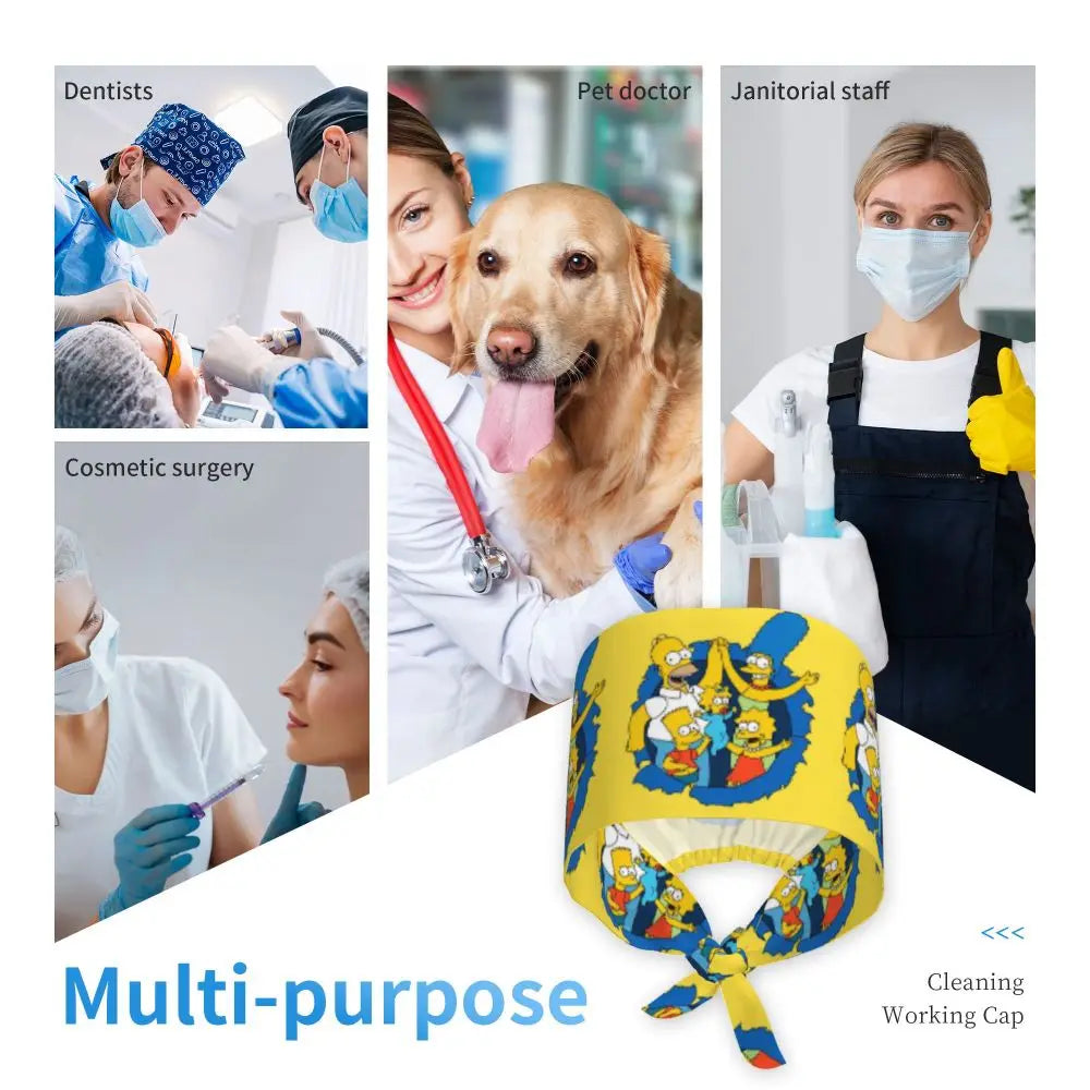 Custom The Simpsons Cartoon Medical Staff Scrubs Hat Men Women Doctor Nursing Surgical Cap Scrub Caps