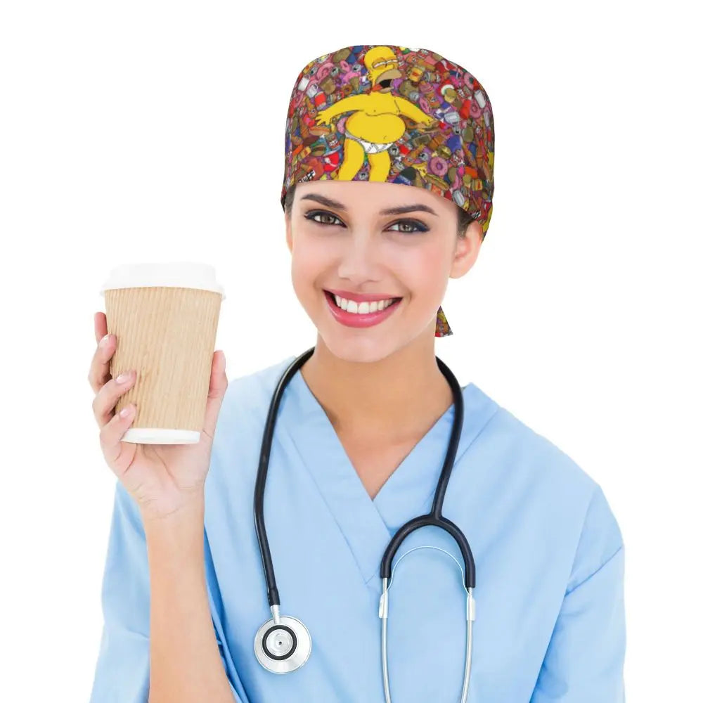 Custom The Simpsons Cartoon Medical Staff Scrubs Hat Men Women Doctor Nursing Surgical Cap Scrub Caps