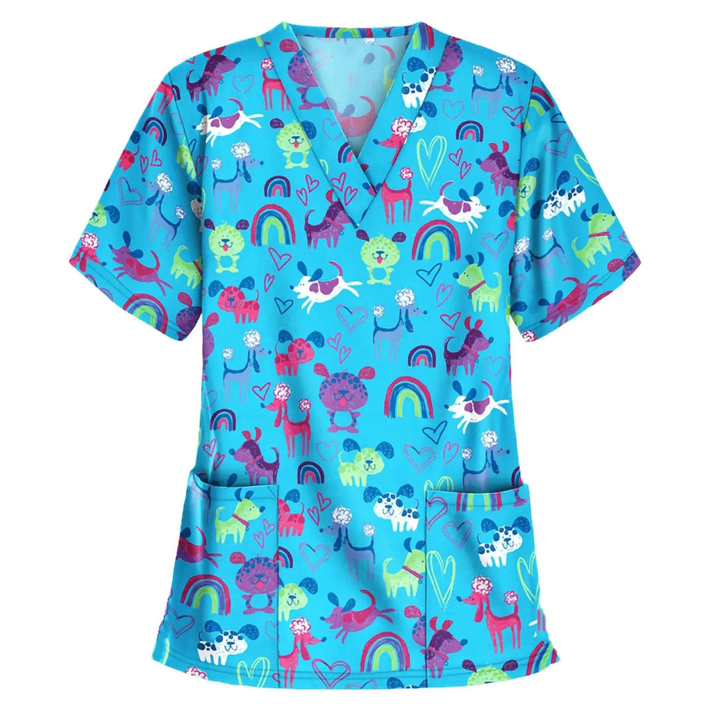 Medical Scrubs for Women Cute Animal Cartoon Print Vet Surgical Uniform Tops Fashion V-Neck Short Sleeve Scrub Pet Medical Woman