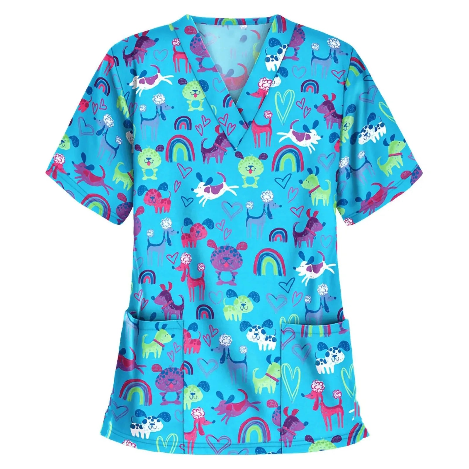 Medical Scrubs for Women Cute Animal Cartoon Print Vet Surgical Uniform Tops Fashion V-Neck Short Sleeve Scrub Pet Medical Woman