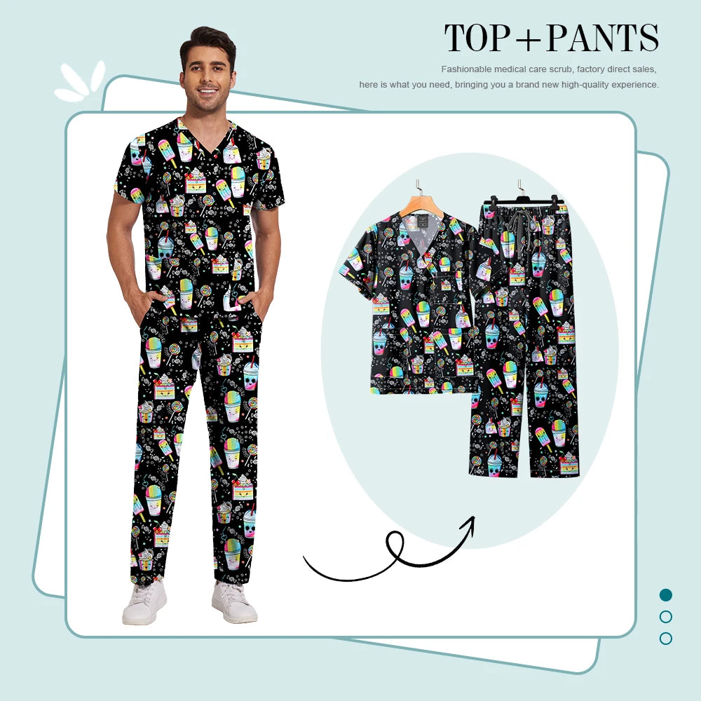 Printed Medical Clinic Printed Scrub Top Pants Medical Professional Universal Unisex Scrubs Sets Elastic Breathable Work Clothes