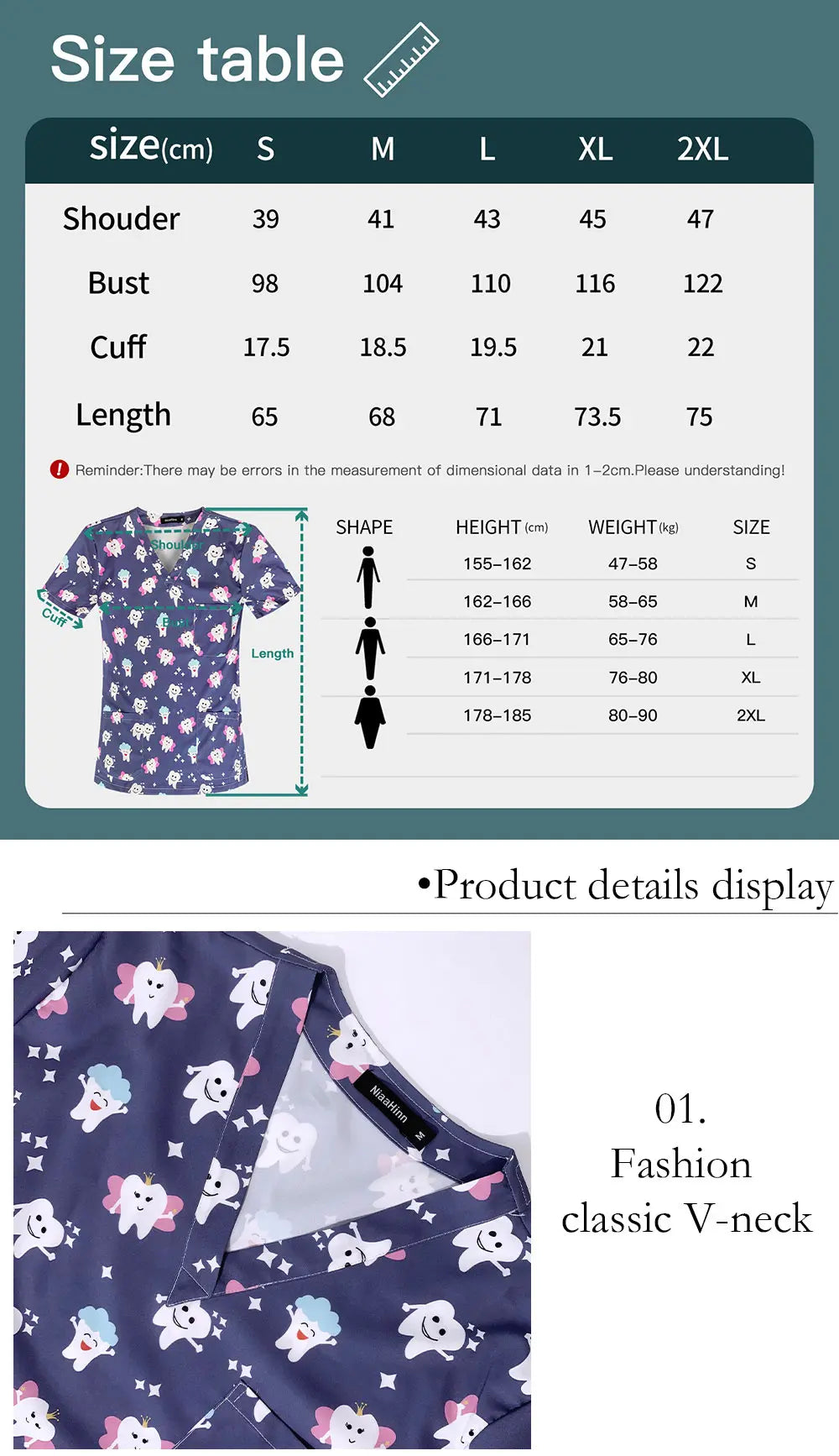 Medical Scrubs Tops Women Short Sleeve Blosue Spa Scrub Shirt Teeth Print Pocket Workwear Dentist Doctor Nurse Christmas Uniform