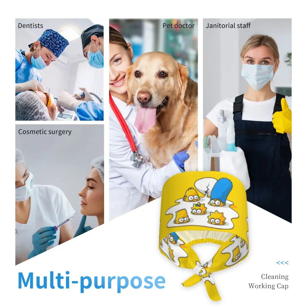 Custom The Simpsons Cartoon Medical Staff Scrubs Hat Men Women Doctor Nursing Surgical Cap Scrub Caps