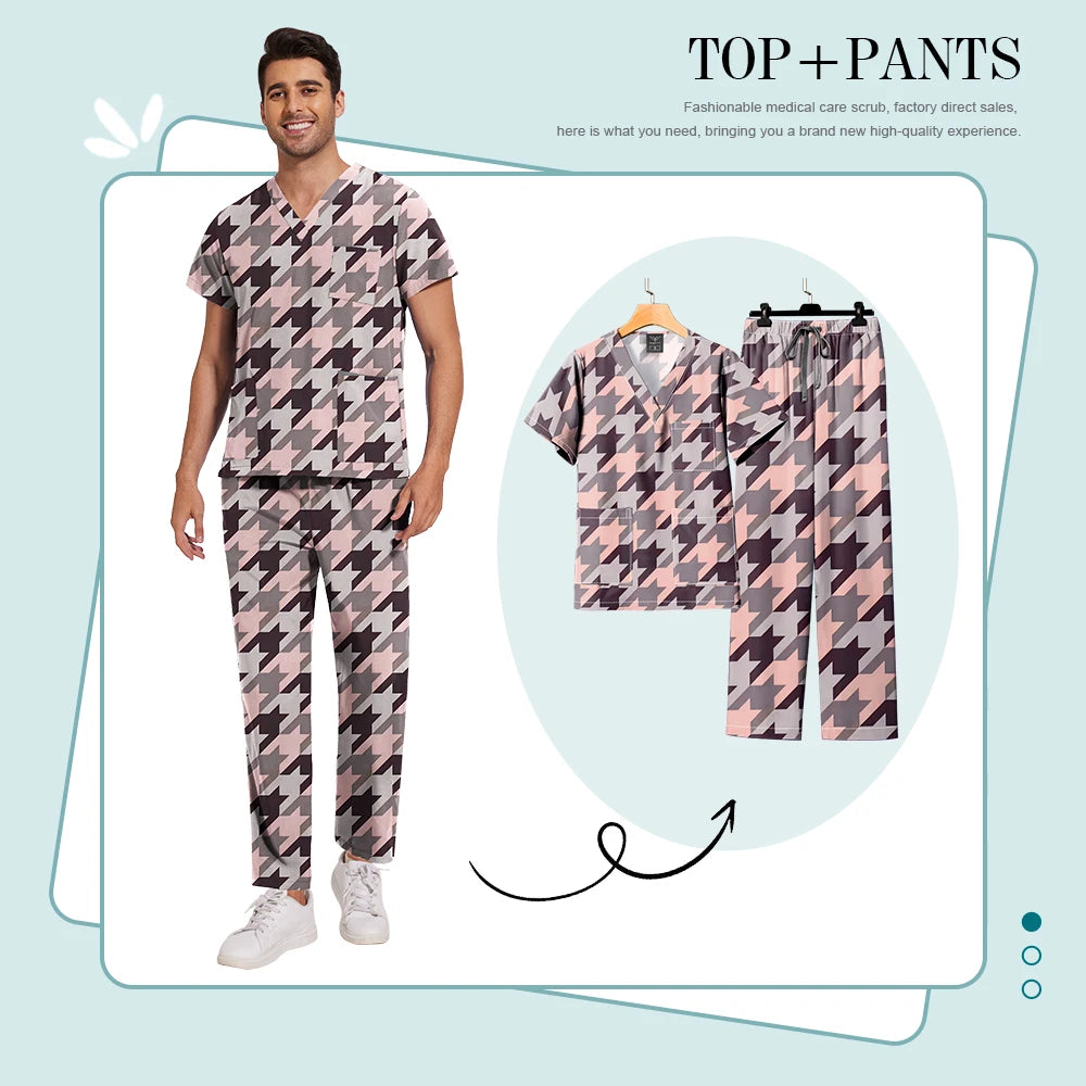 Printed Medical Clinic Printed Scrub Top Pants Medical Professional Universal Unisex Scrubs Sets Elastic Breathable Work Clothes