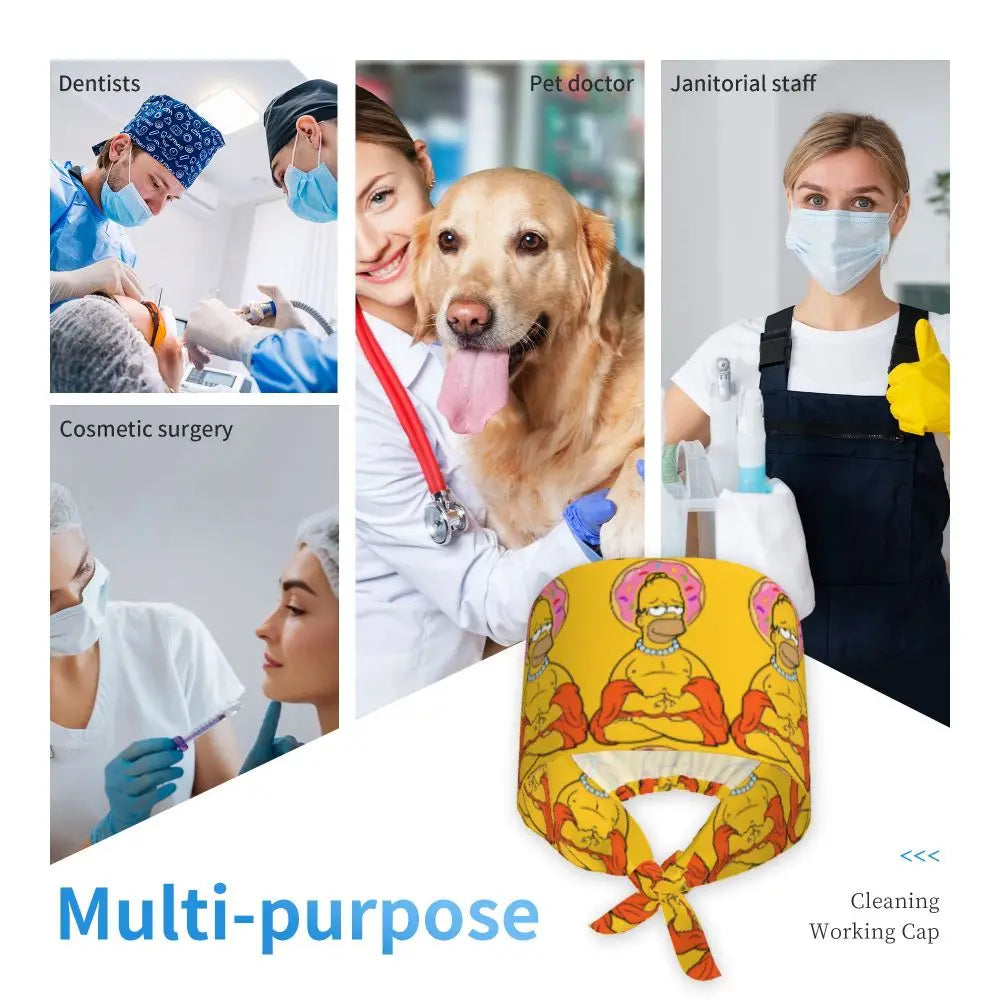 Custom The Simpsons Cartoon Medical Staff Scrubs Hat Men Women Doctor Nursing Surgical Cap Scrub Caps