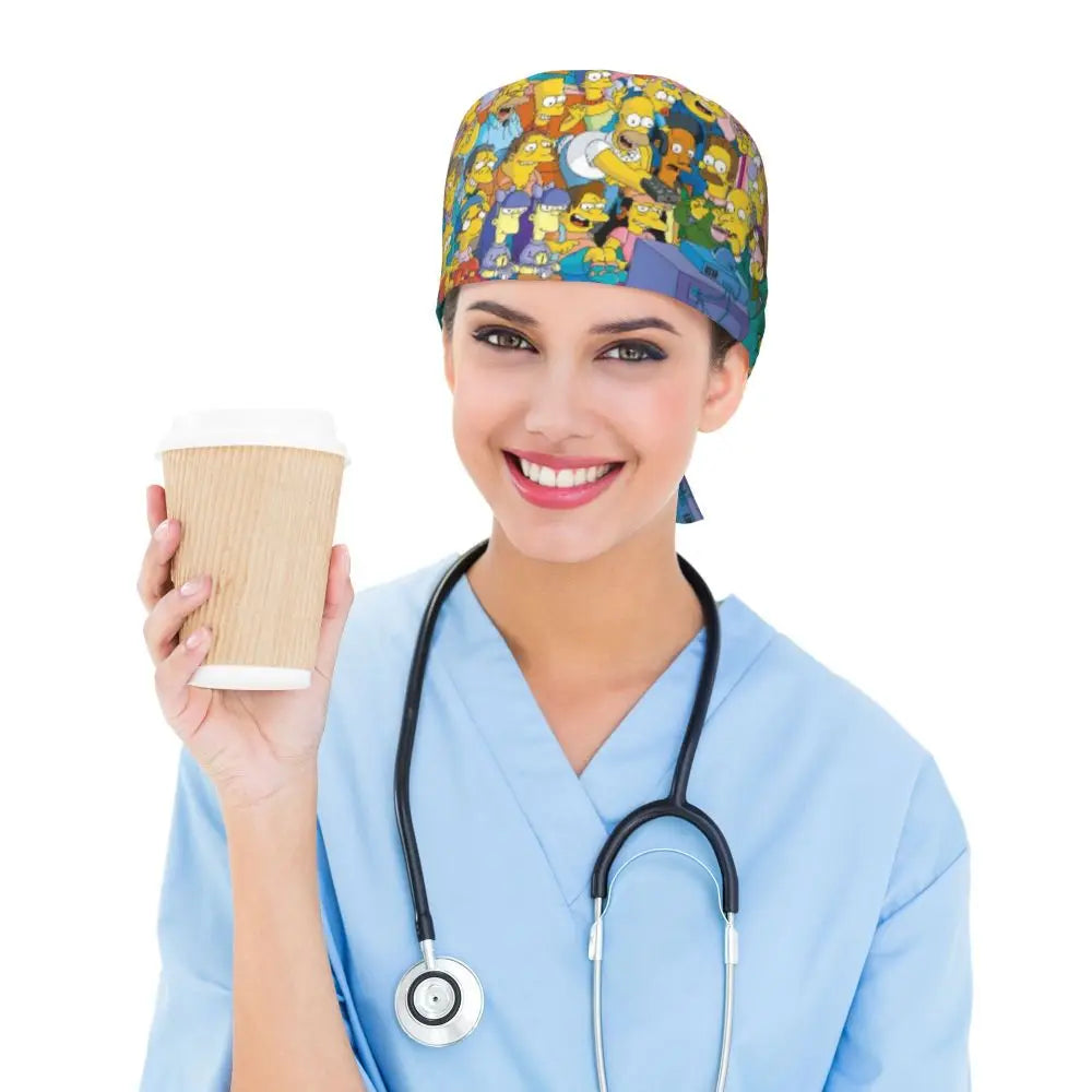 Custom The Simpsons Cartoon Medical Staff Scrubs Hat Men Women Doctor Nursing Surgical Cap Scrub Caps