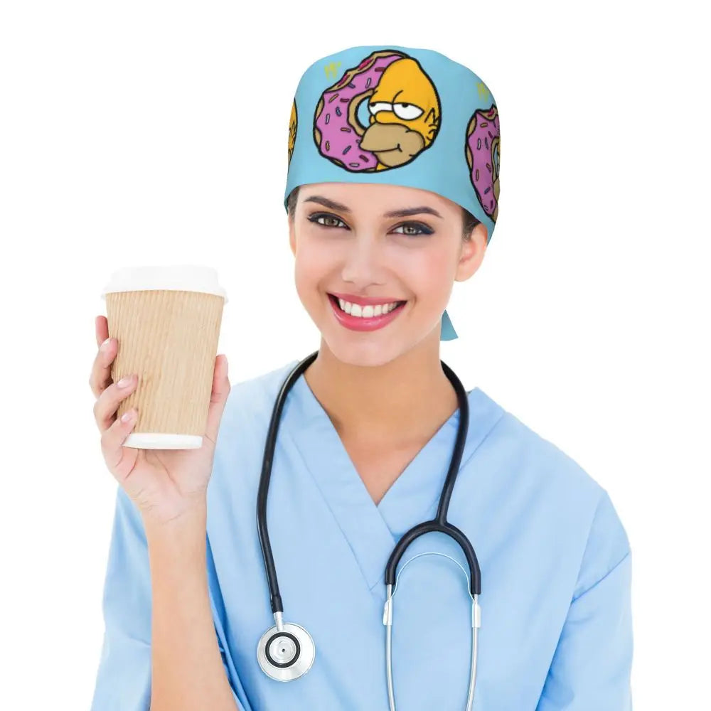Custom The Simpsons Cartoon Medical Staff Scrubs Hat Men Women Doctor Nursing Surgical Cap Scrub Caps