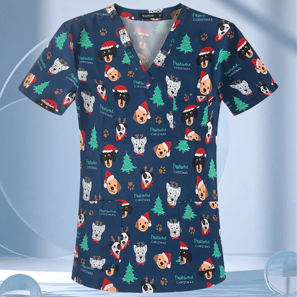 Medical Scrubs Tops Women Short Sleeve Blosue Spa Scrub Shirt Teeth Print Pocket Workwear Dentist Doctor Nurse Christmas Uniform