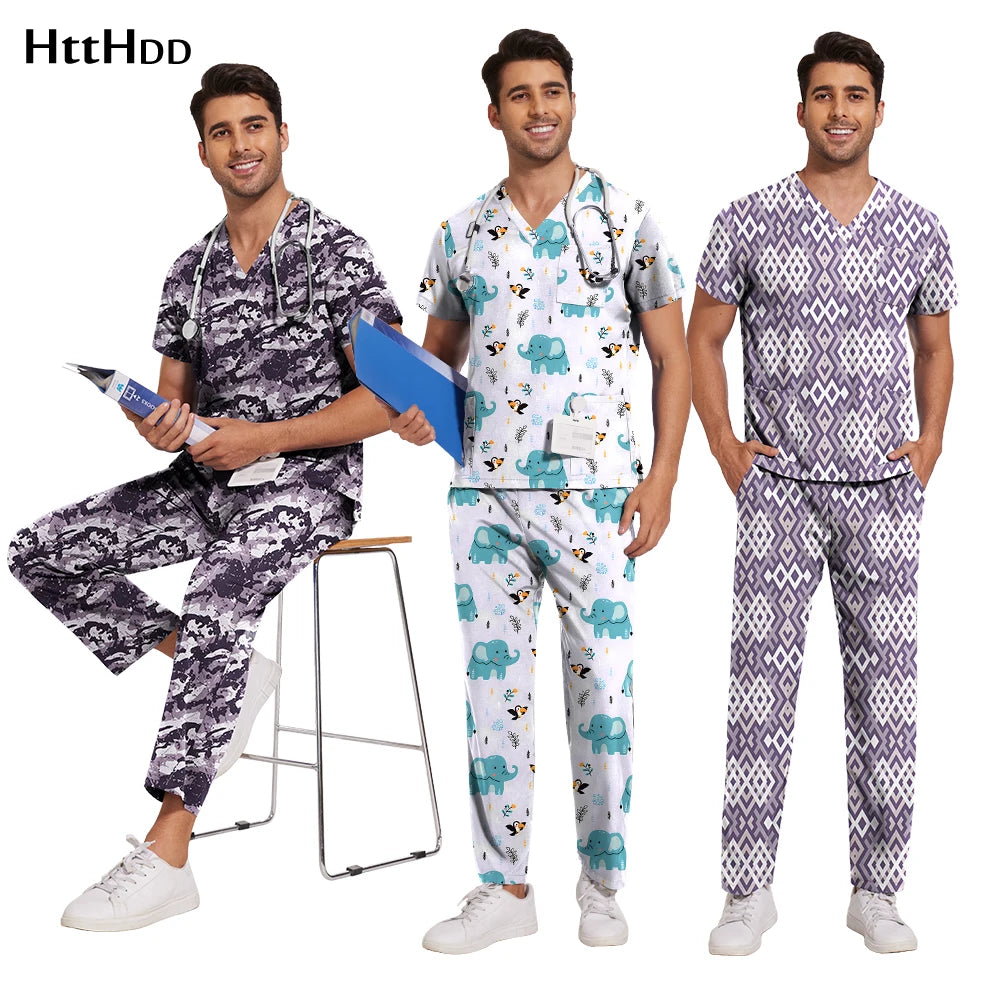 Printed Medical Clinic Printed Scrub Top Pants Medical Professional Universal Unisex Scrubs Sets Elastic Breathable Work Clothes