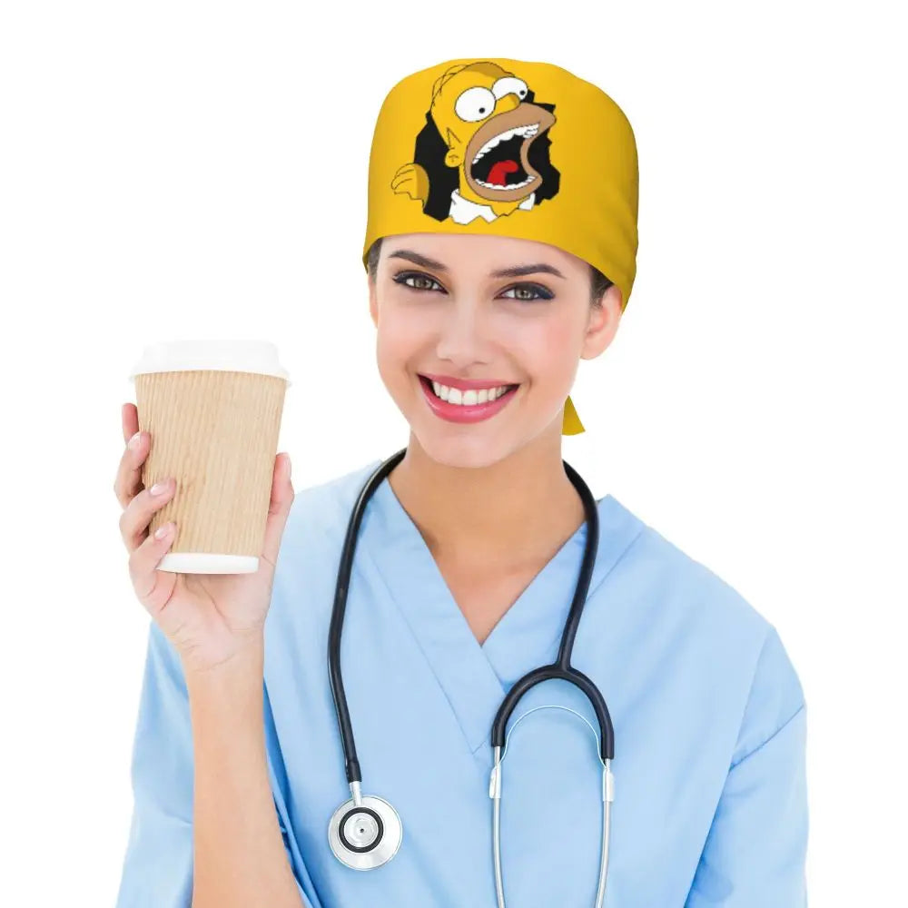 Custom The Simpsons Cartoon Medical Staff Scrubs Hat Men Women Doctor Nursing Surgical Cap Scrub Caps