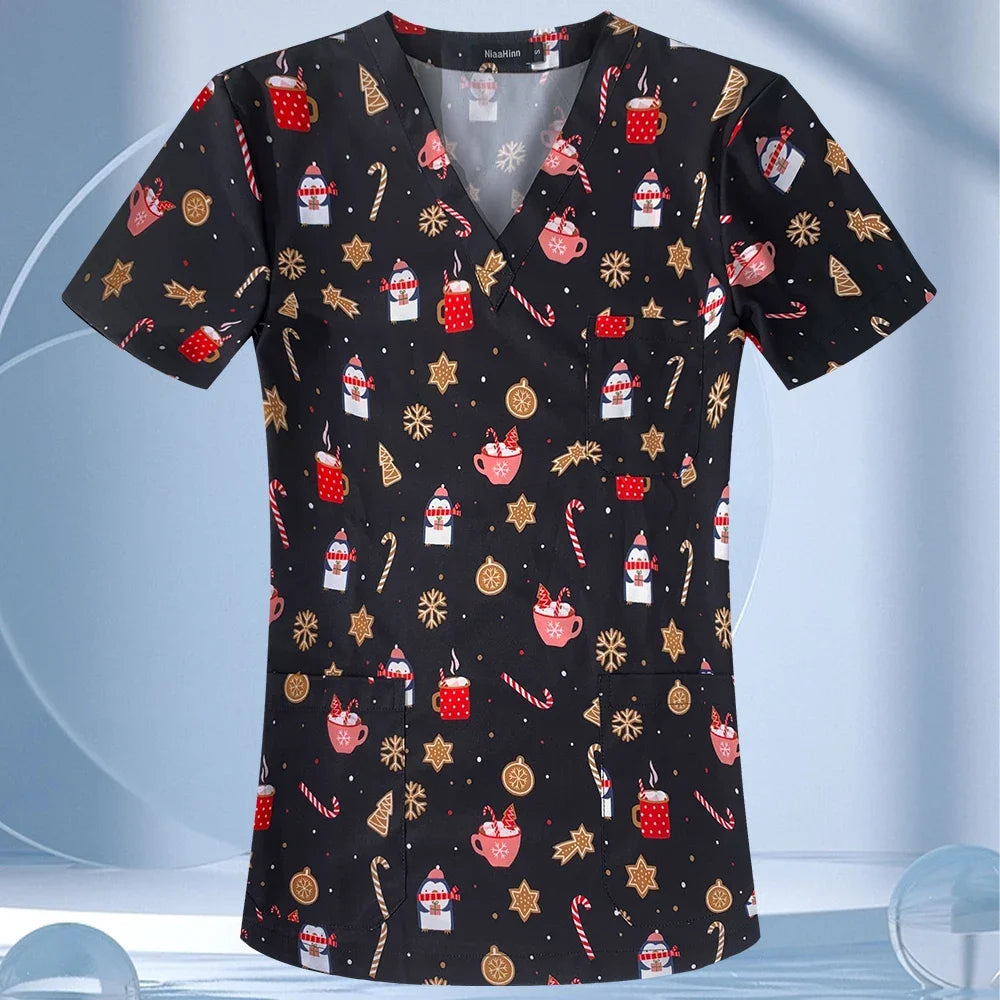 Medical Scrubs Tops Women Short Sleeve Blosue Spa Scrub Shirt Teeth Print Pocket Workwear Dentist Doctor Nurse Christmas Uniform