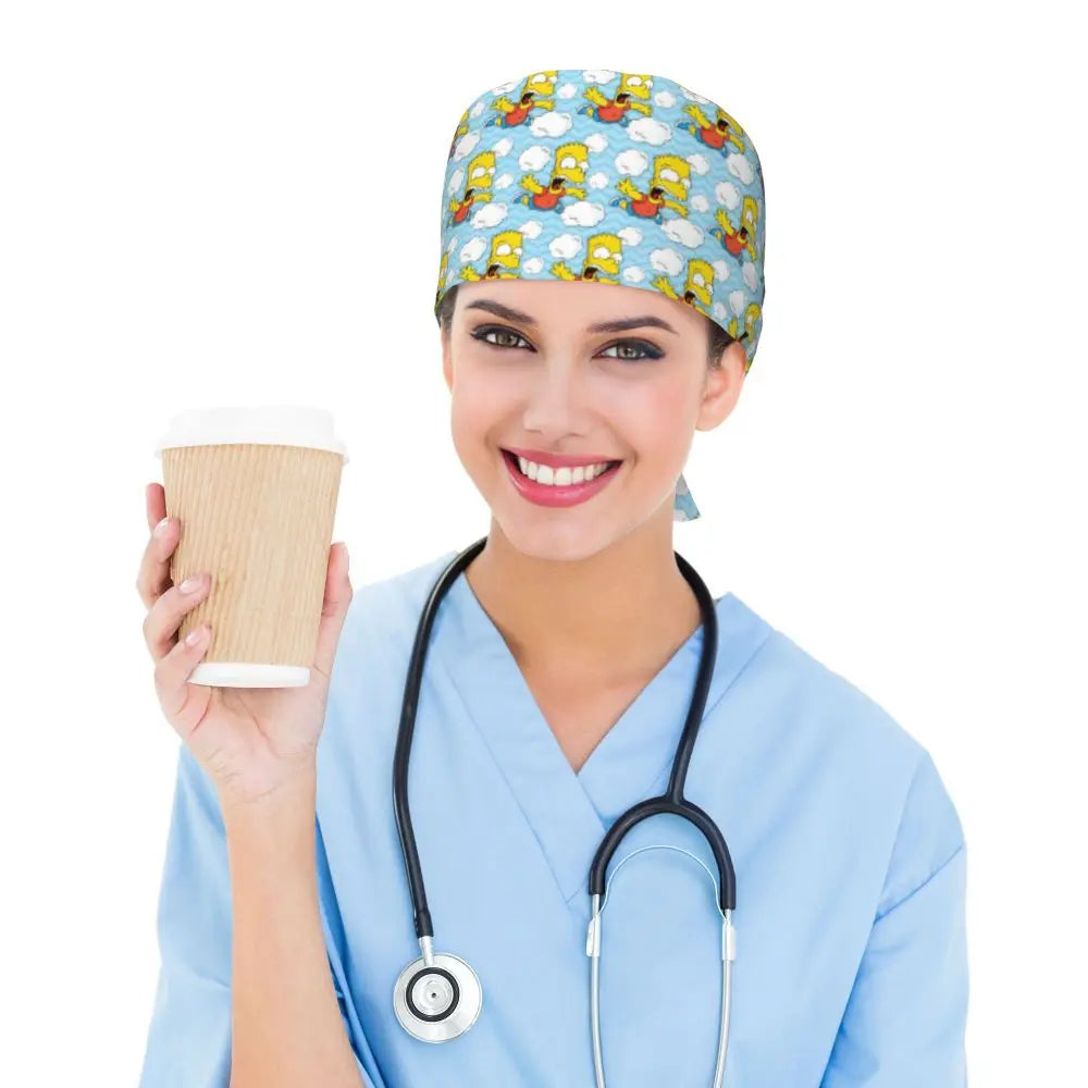 Custom The Simpsons Cartoon Medical Staff Scrubs Hat Men Women Doctor Nursing Surgical Cap Scrub Caps